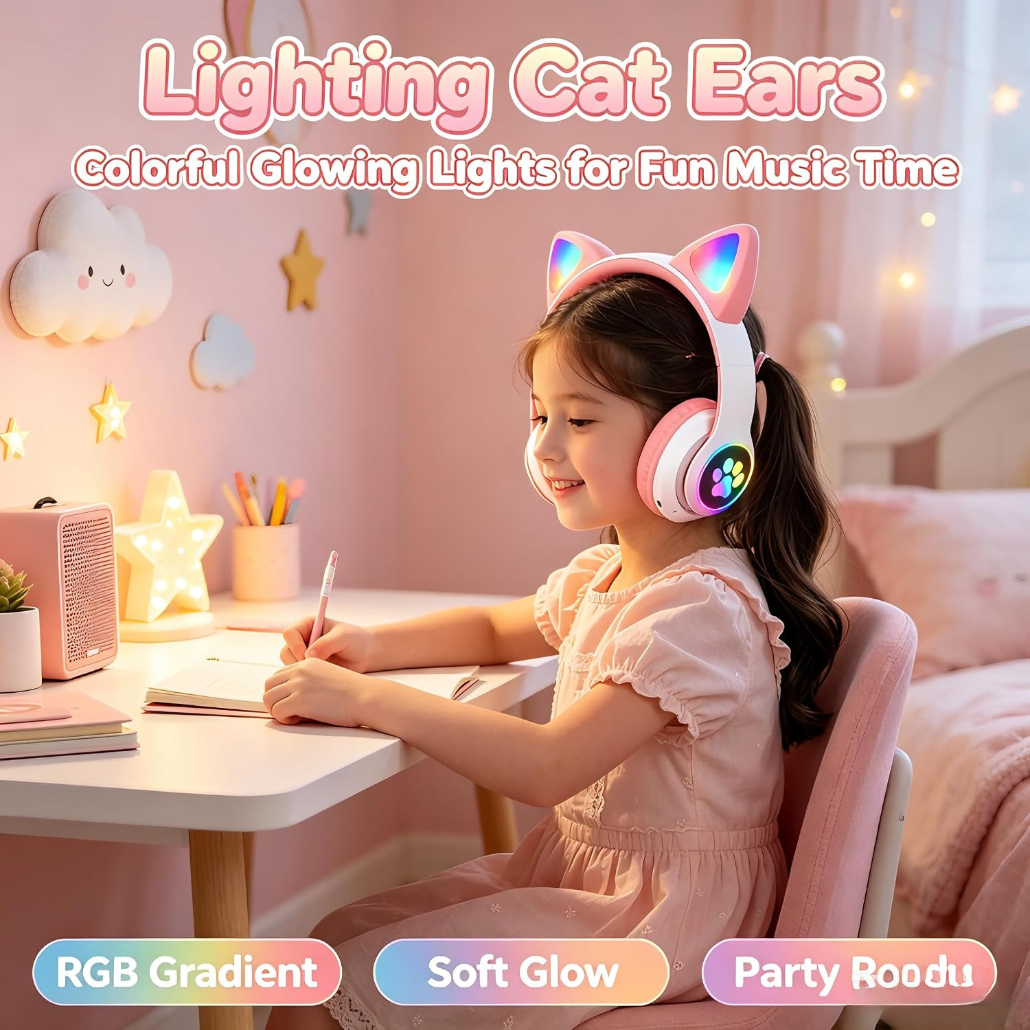 Cat Ear Bluetooth Headphones LED Wireless Foldable Over Ear Kids Adults White