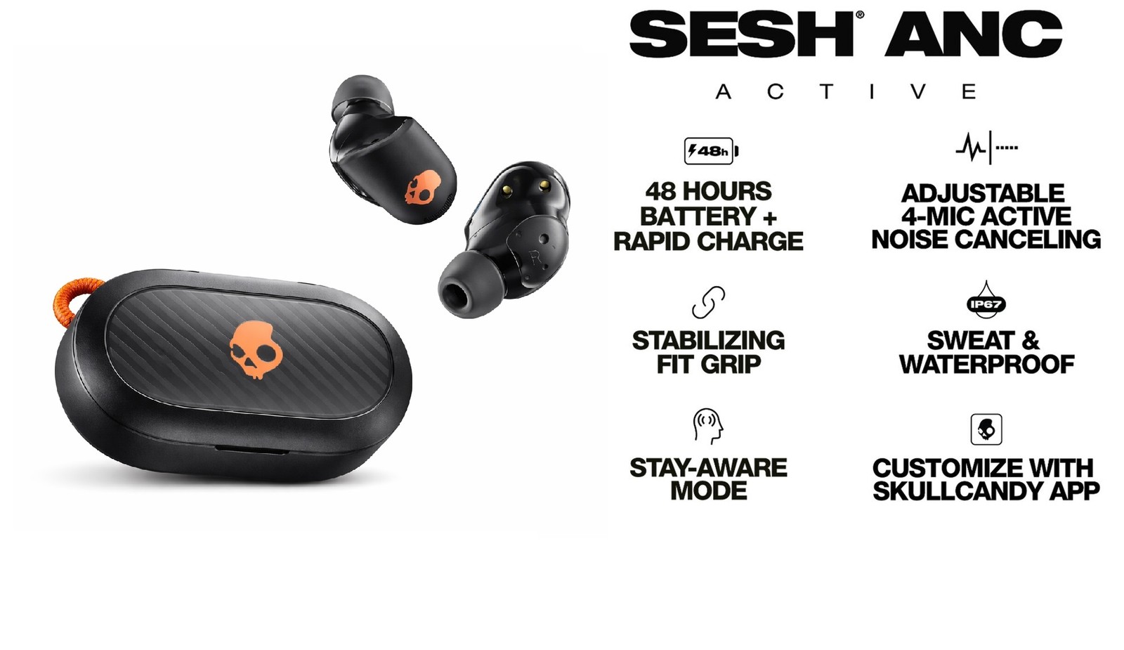 Skullcandy Sesh ANC Noise-Canceling True Wireless Earbuds Black and Orange S2SAW