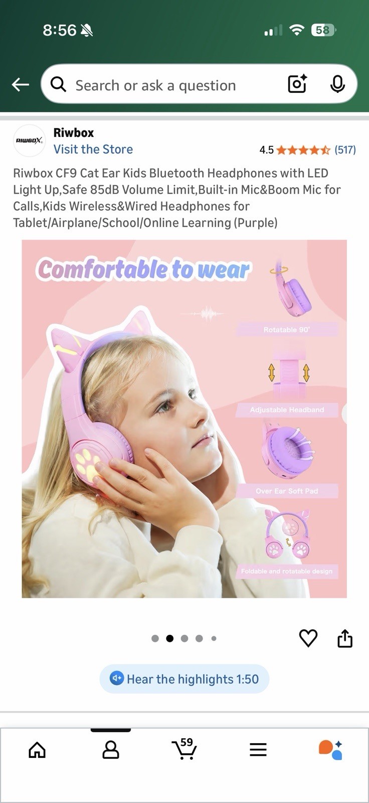 Riwbox CF9 Cat Ear Kids Wireless&Wired Headphones for Tablet/Airplane/school
