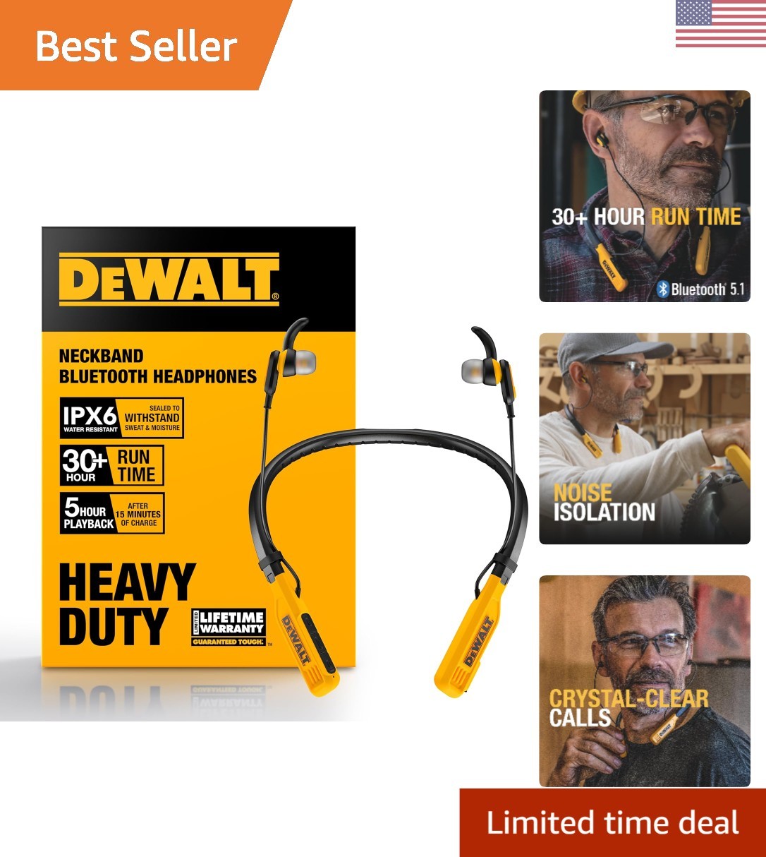 DEWALT Jobsite Pro Neckband Wireless Earphones – Black/Yellow NEW