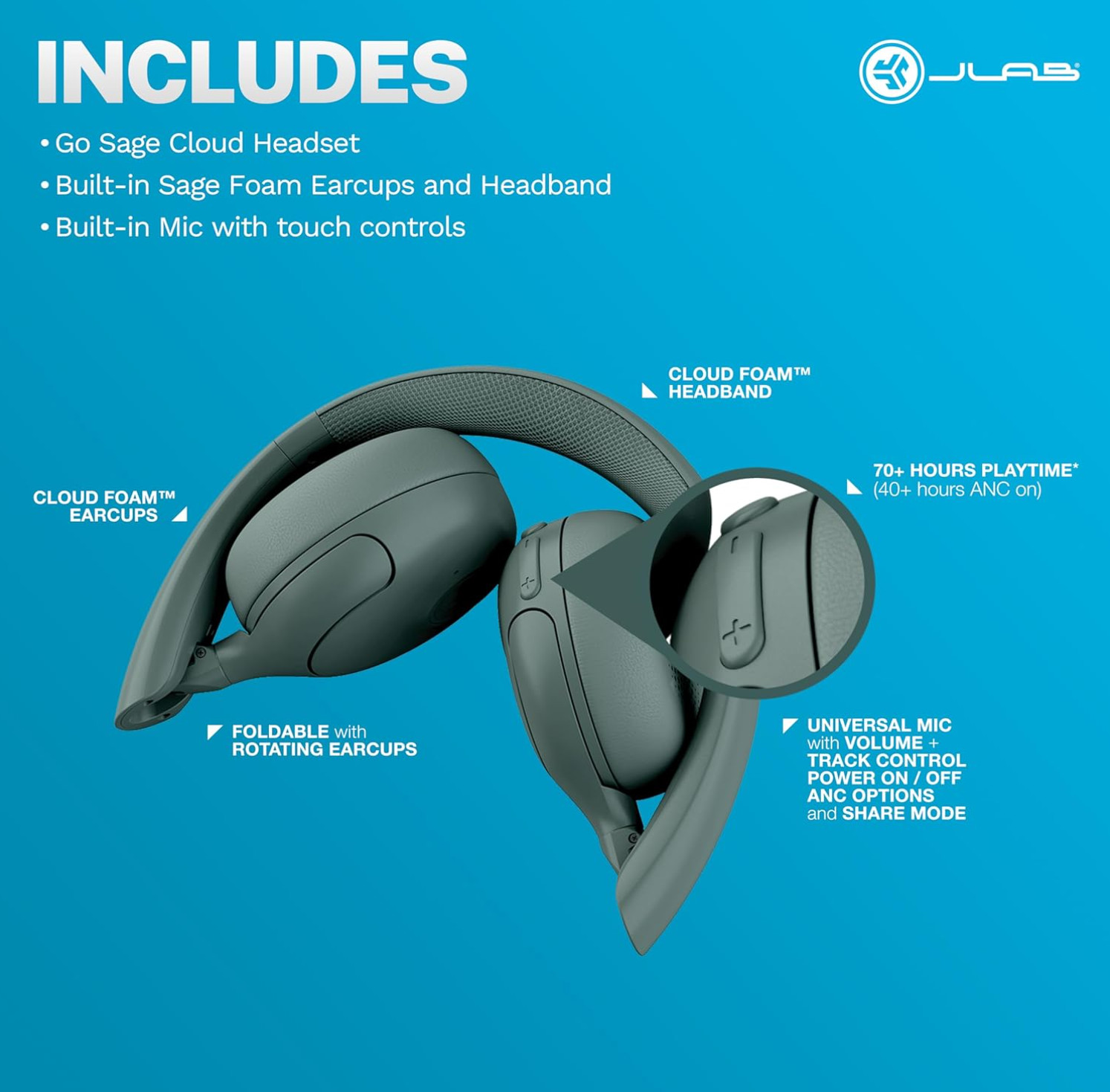 JLab Go Lux ANC Wireless Headphones Hybrid ANC Premium On-Ear Headset Sage