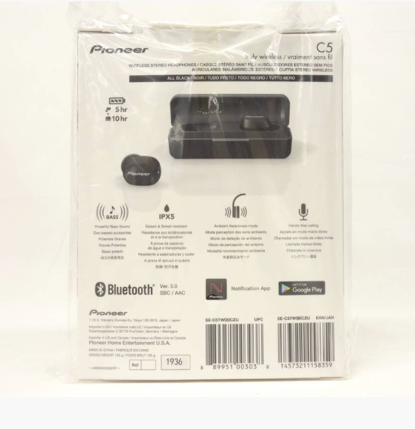 Pioneer SE-C5TW WIRELESS STEREO HEADPHONES Bluetooth USB-C Black DC3.7V