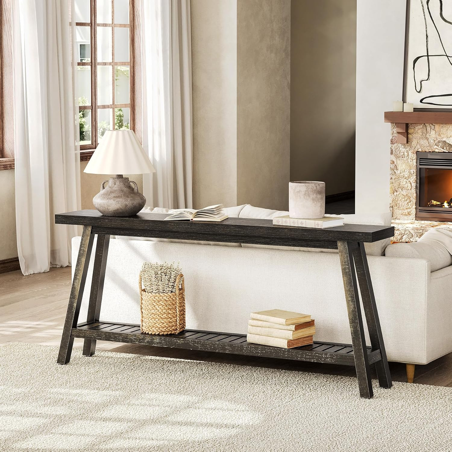 Extra Long 70.9-Inch Console Table – 2-Tier Narrow Wooden Sofa Table, Carbon Bla