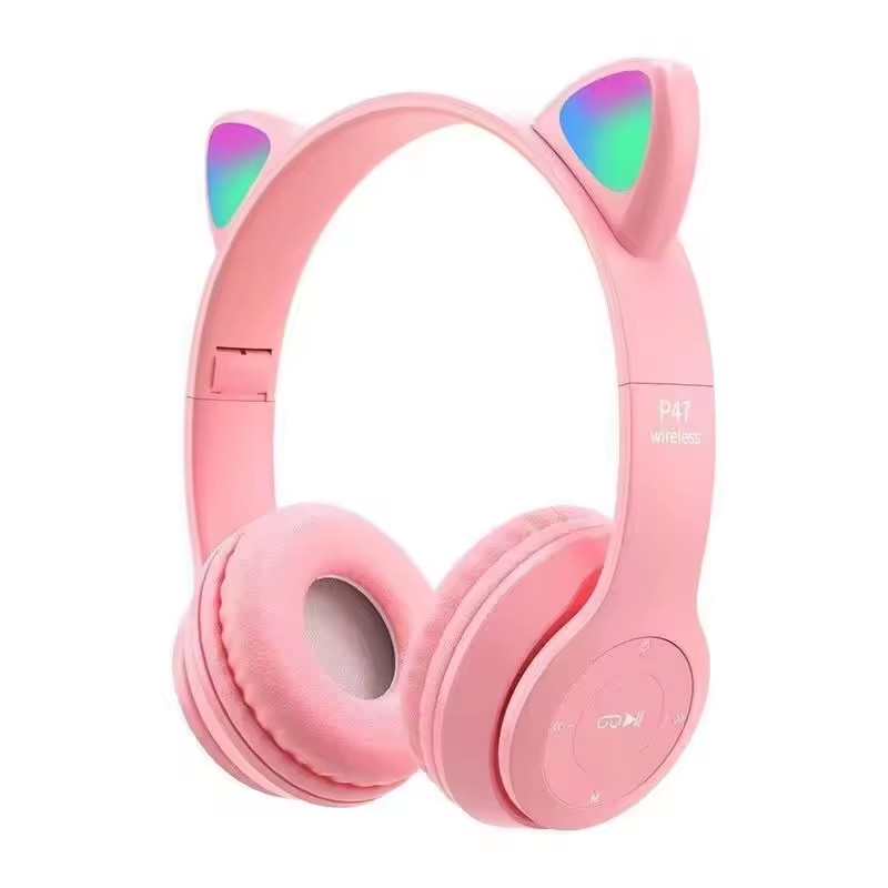 P47 Wireless Cat Ear Headphones Bluetooth 5.3 LED Stereo Headset for Kids & Gami