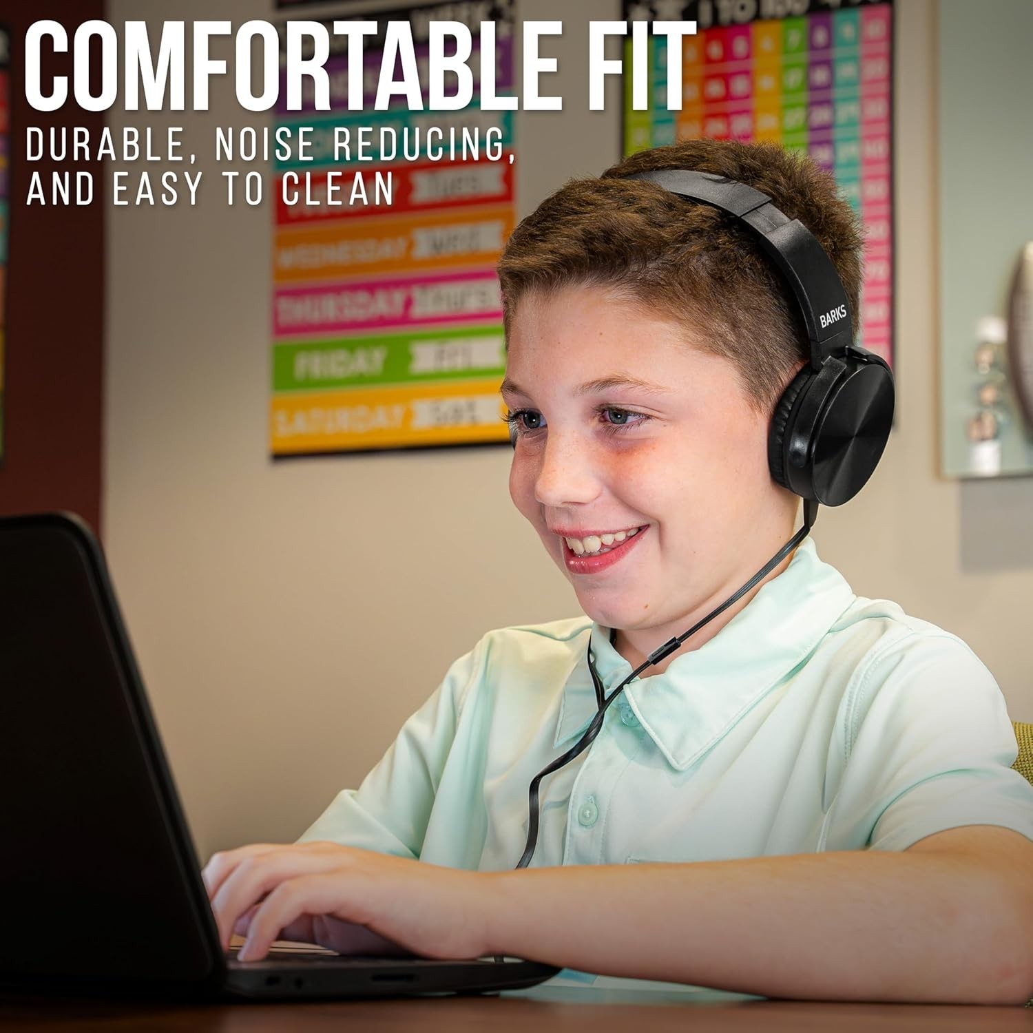 Barks Classroom Headphones w/ Mic – Sapphire, School Use, On-Ear Black Pack12