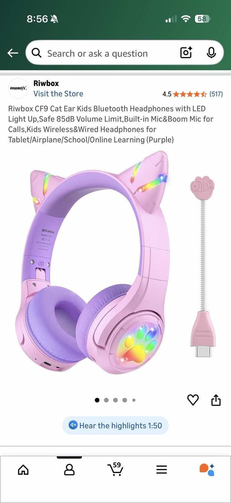 Riwbox CF9 Cat Ear Kids Wireless&Wired Headphones for Tablet/Airplane/school