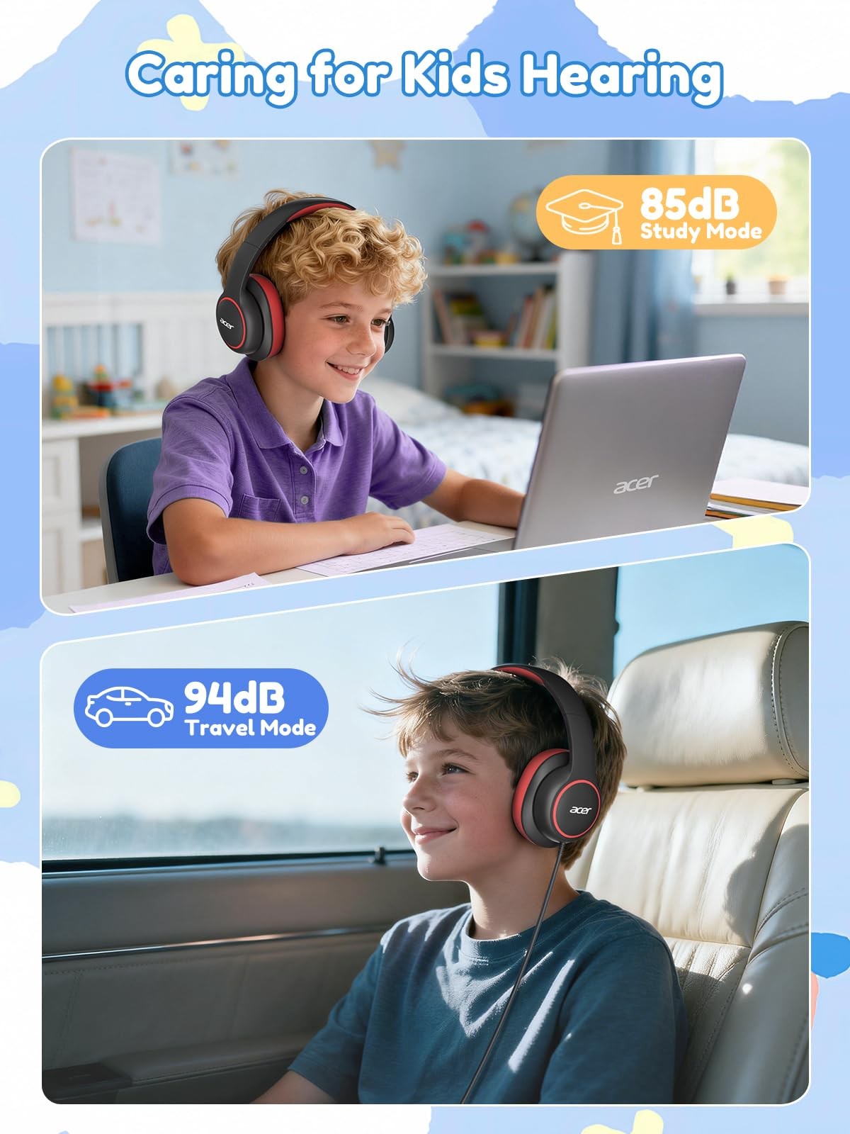 acer Kids Headphones Wired for School – Over Ear Design, 85/94dB Black Red