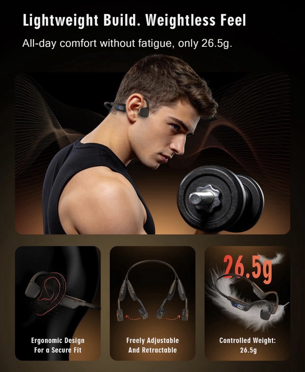 i19 Pro Bone Conduction Bluetooth 6.0 Neckband Headphones Black, IPX5 Mic