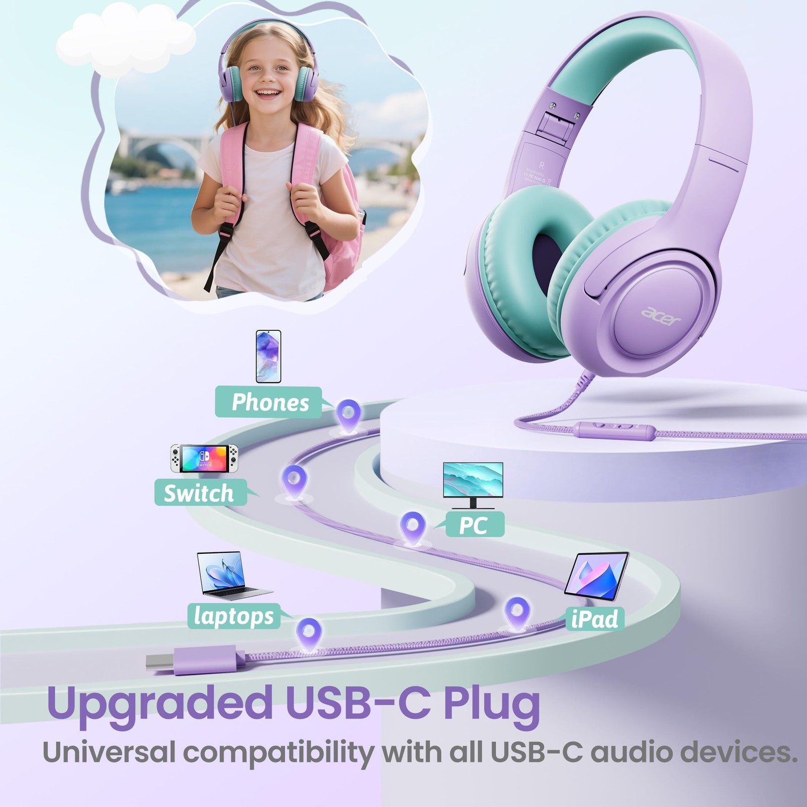 Acer USB-C Kids Headphones – 85/94dB Safe Volume Limited, Green-Purple