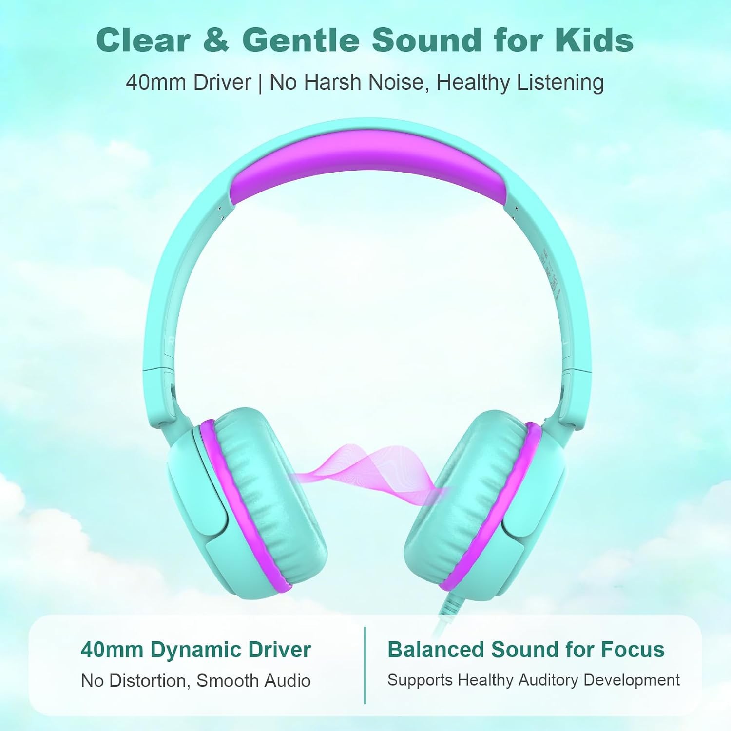 Kids Wired Headphones Adjustable Volume Limited 85dB for School Boys Girls Green