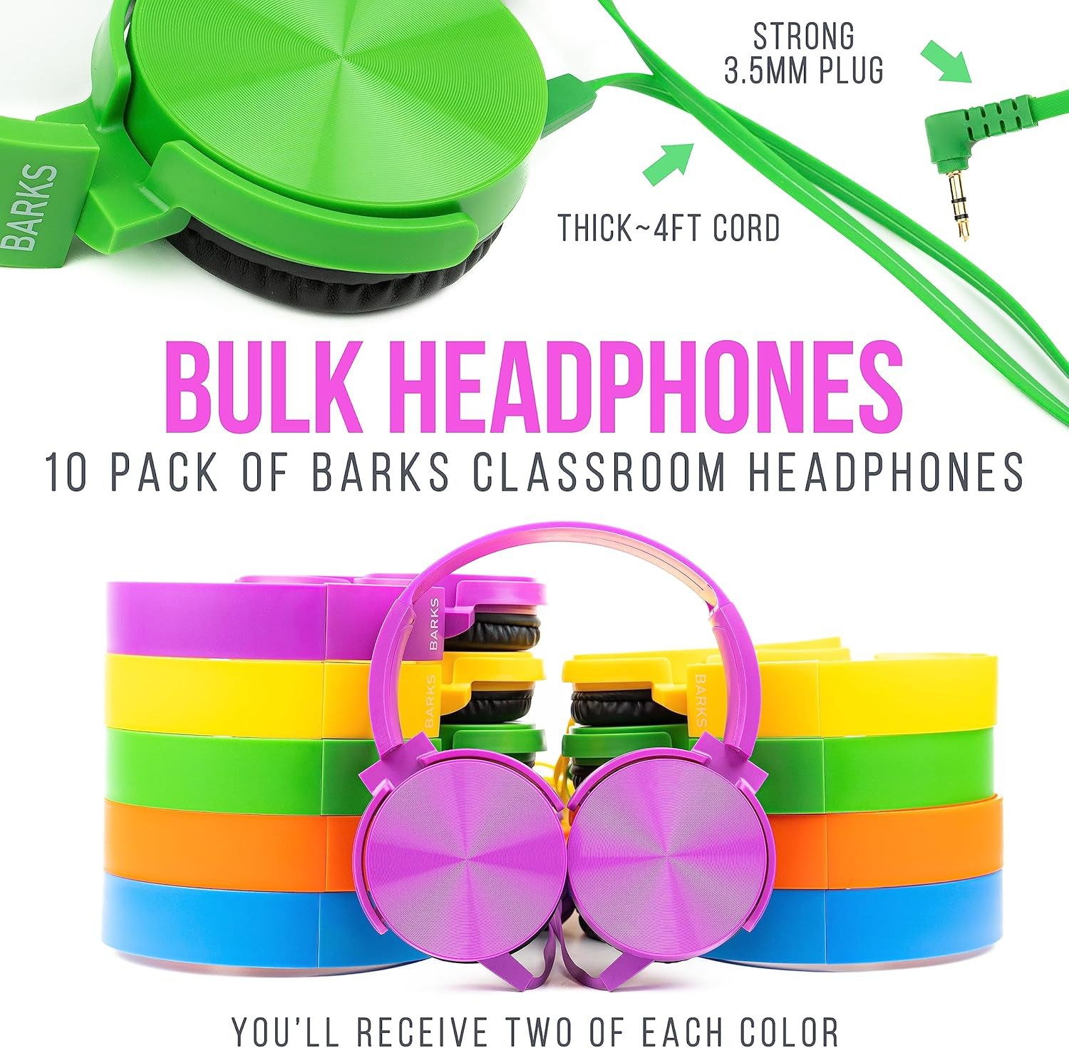 Classroom Headphones (10 Pack, Mixed Colors) – On-Ear Premium Student Bulk Headp