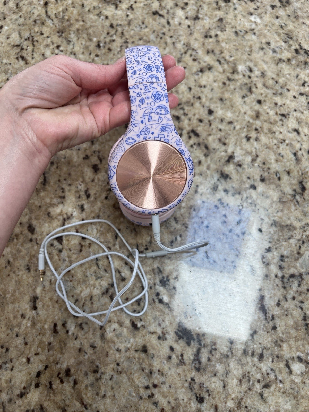 LilGadgets Wired Over-Ear Headphones Pink White Blue Pattern w/ Carrying Pouch