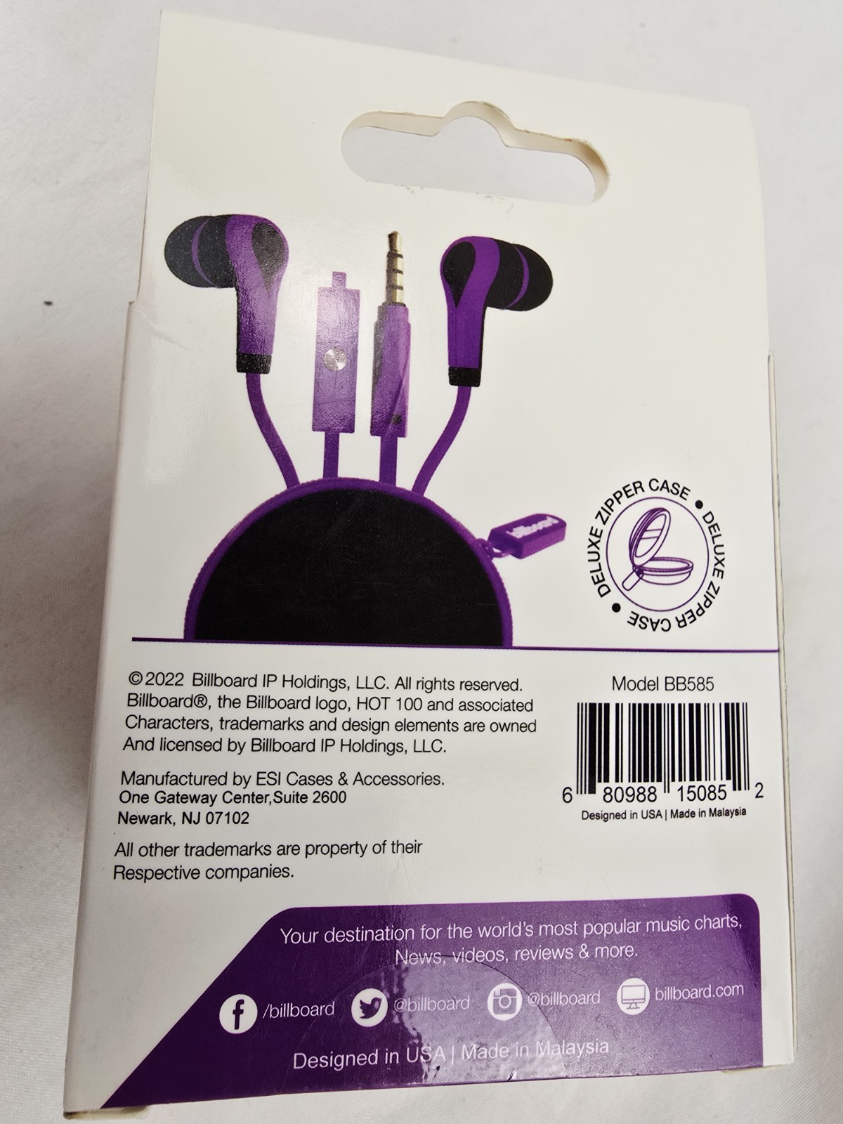 Billboard Stereo Earbuds With Mic Purple With Deluxe Zipper Case NEW
