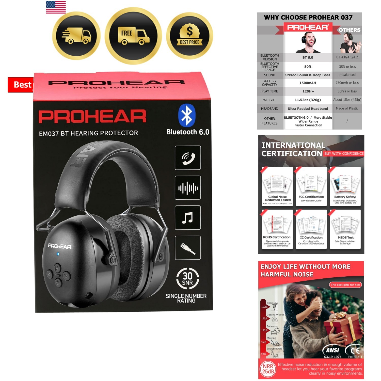 037 Bluetooth 6.0 Hearing Protection Headphones with Rechargeable 1500mAh Bat…