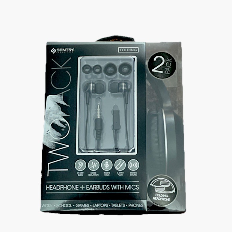 Sentry 2 Pack Folding Headphones & Ear Buds With Mic, Noise Isolation 3.5mm Plug