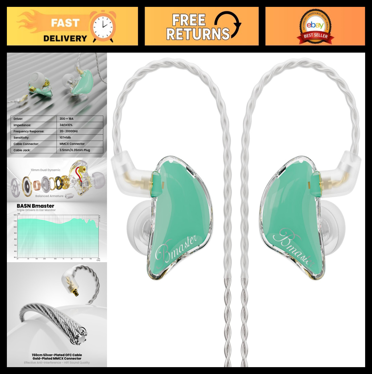 Triple-Driver In-Ear Monitors for Musicians – High Fidelity Sound, Teal Color