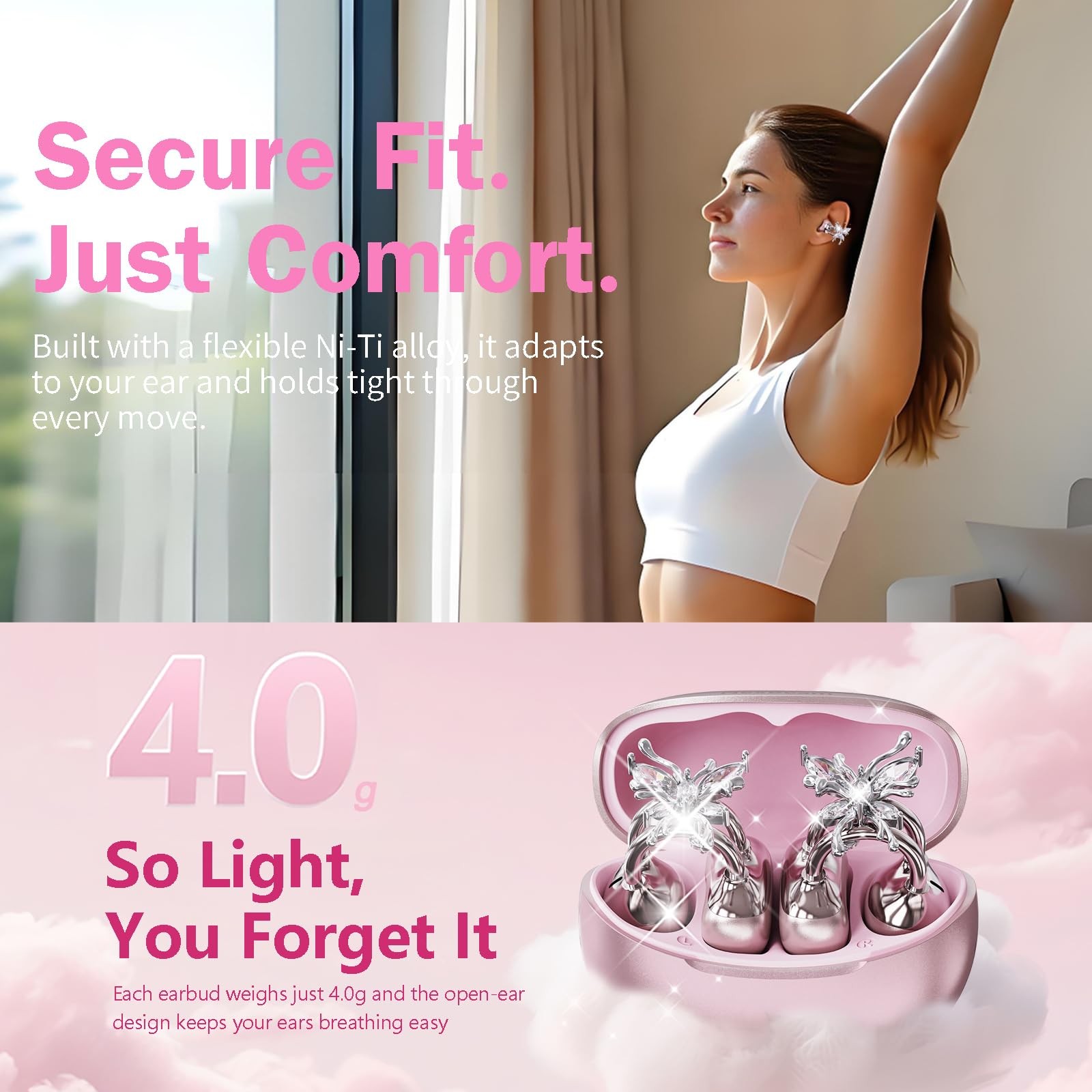 Clip-On Open Ear Earbuds with Detachable Crystal Butterfly Earrings, Bluetoot…