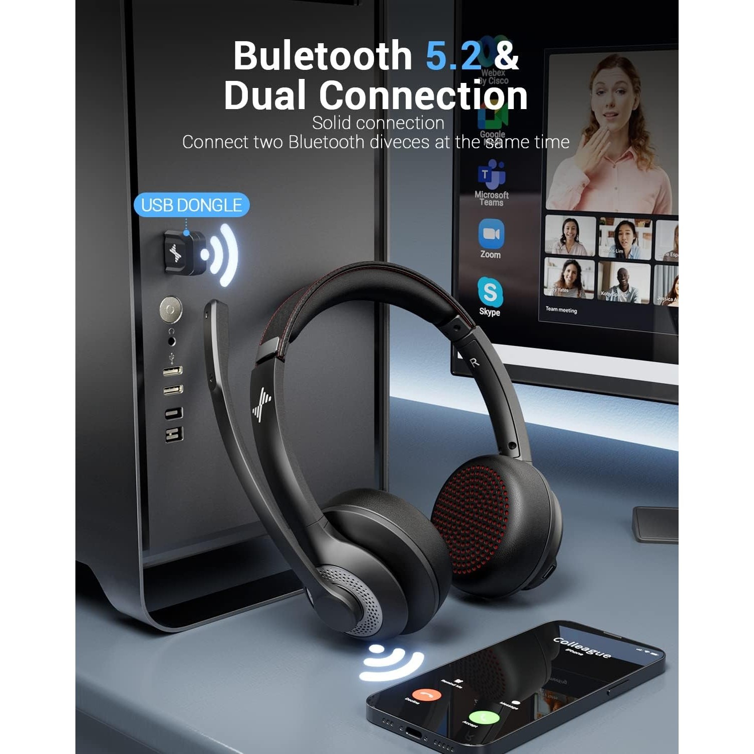 JIAMQISHI Wireless Headset with Mic for Work, Bluetooth V5.2 Headphones AI