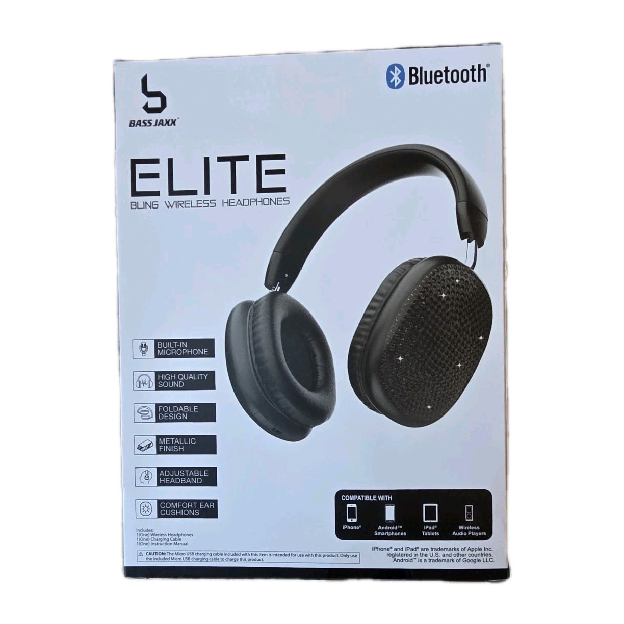 Bass Jaxx Elite Bling Wireless Headphones Bluetooth Foldable Built-In Mic Black