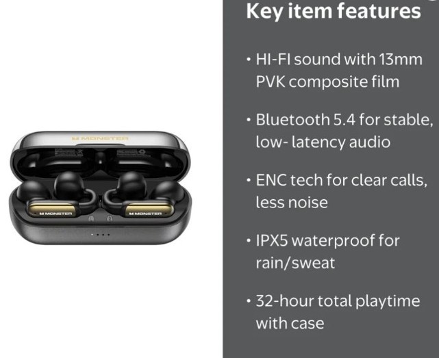 Monster Open Ear Wireless Earbuds, Comfortable Clip-on with Noise Cancel BLACK