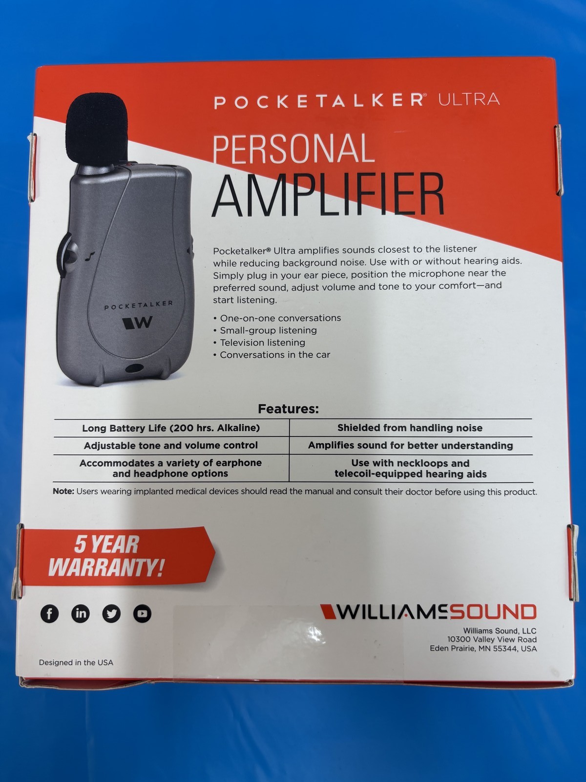 Williams Sound Pocketalker Ultra Personal Sound Amplifier PKT D1 EH