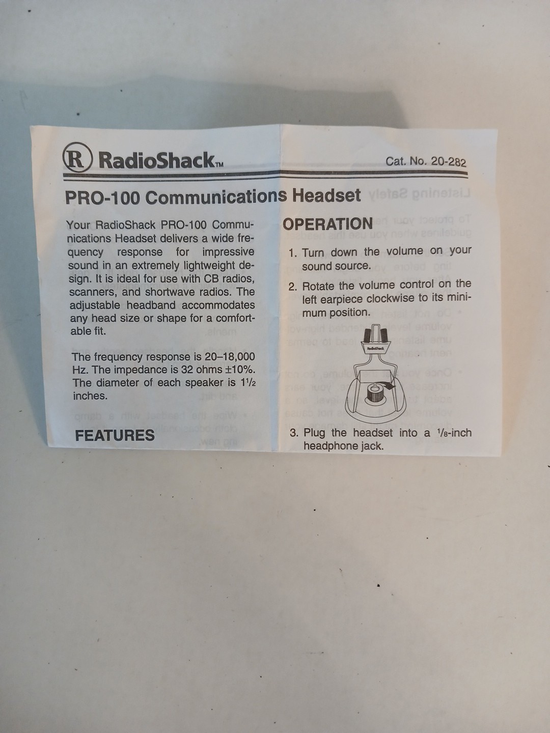 Radio Shack Pro-100 Communications Headset Model 20-282 (Never-used)