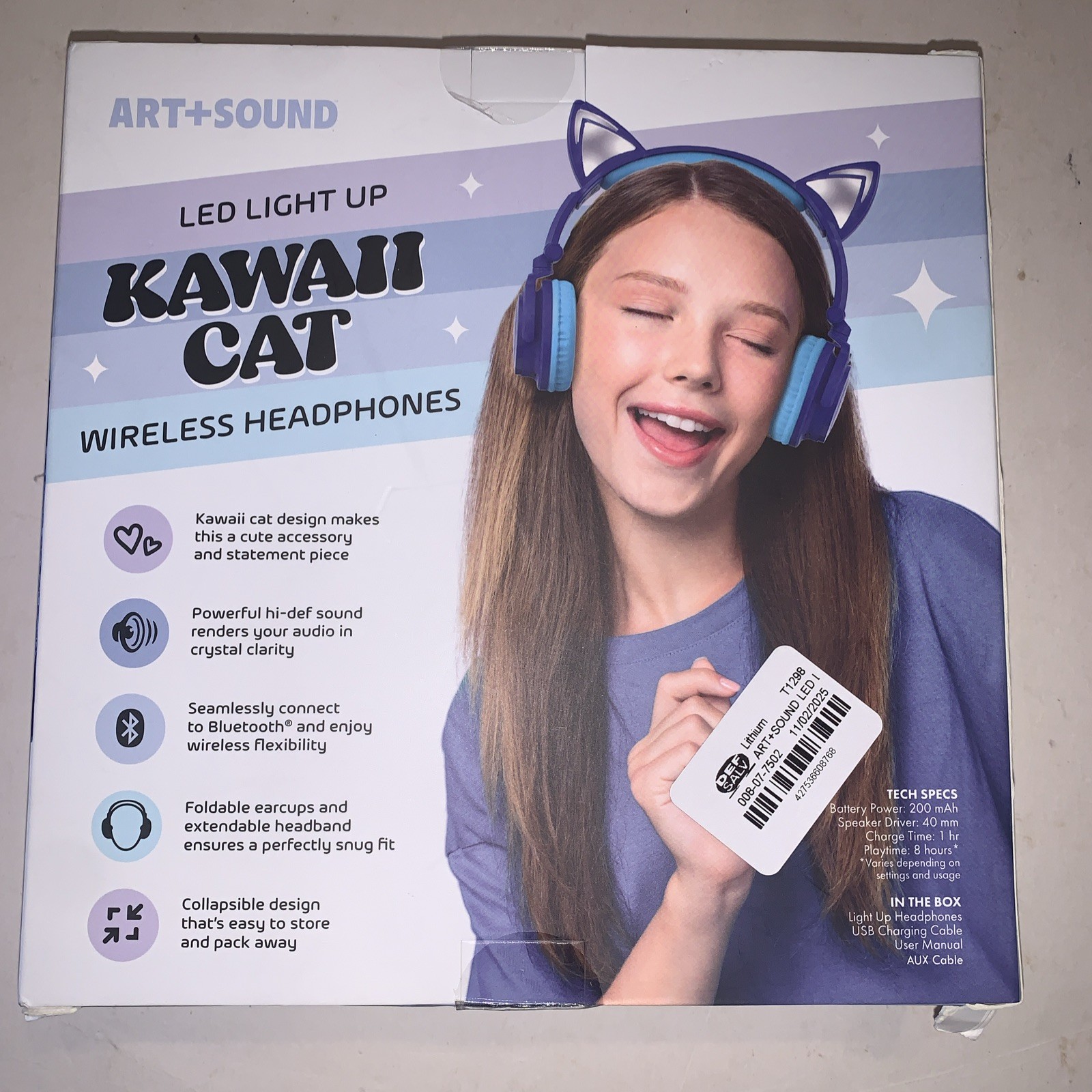 ART+SOUND Kawaii Cat LED Bluetooth Wireless Wired Kids Headphones Blue D5