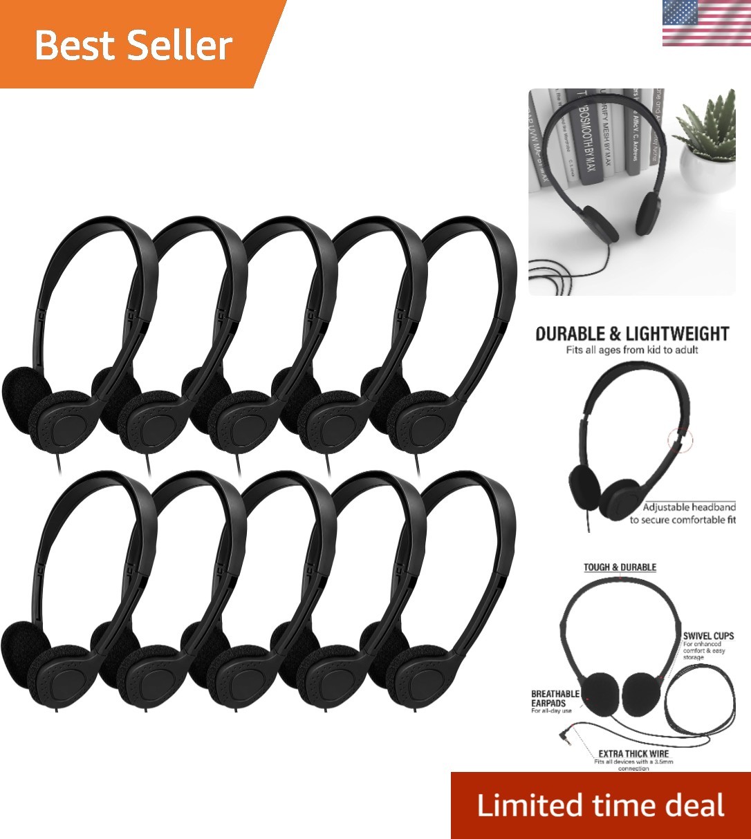 Lightweight Black Classroom Headphones – 10 Pack, Ideal for Libraries & Offices