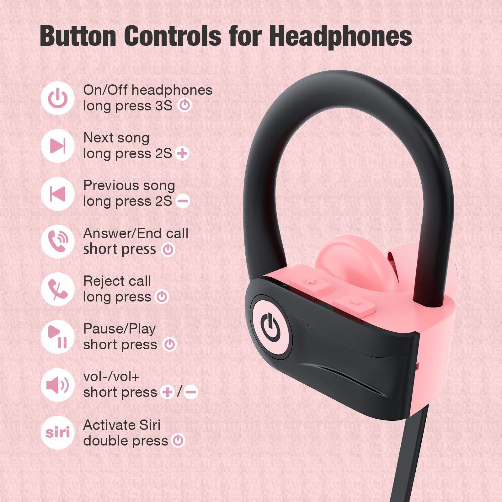 Boean Bluetooth Headphones, Wireless Earbuds with 16 Hours m, Pink