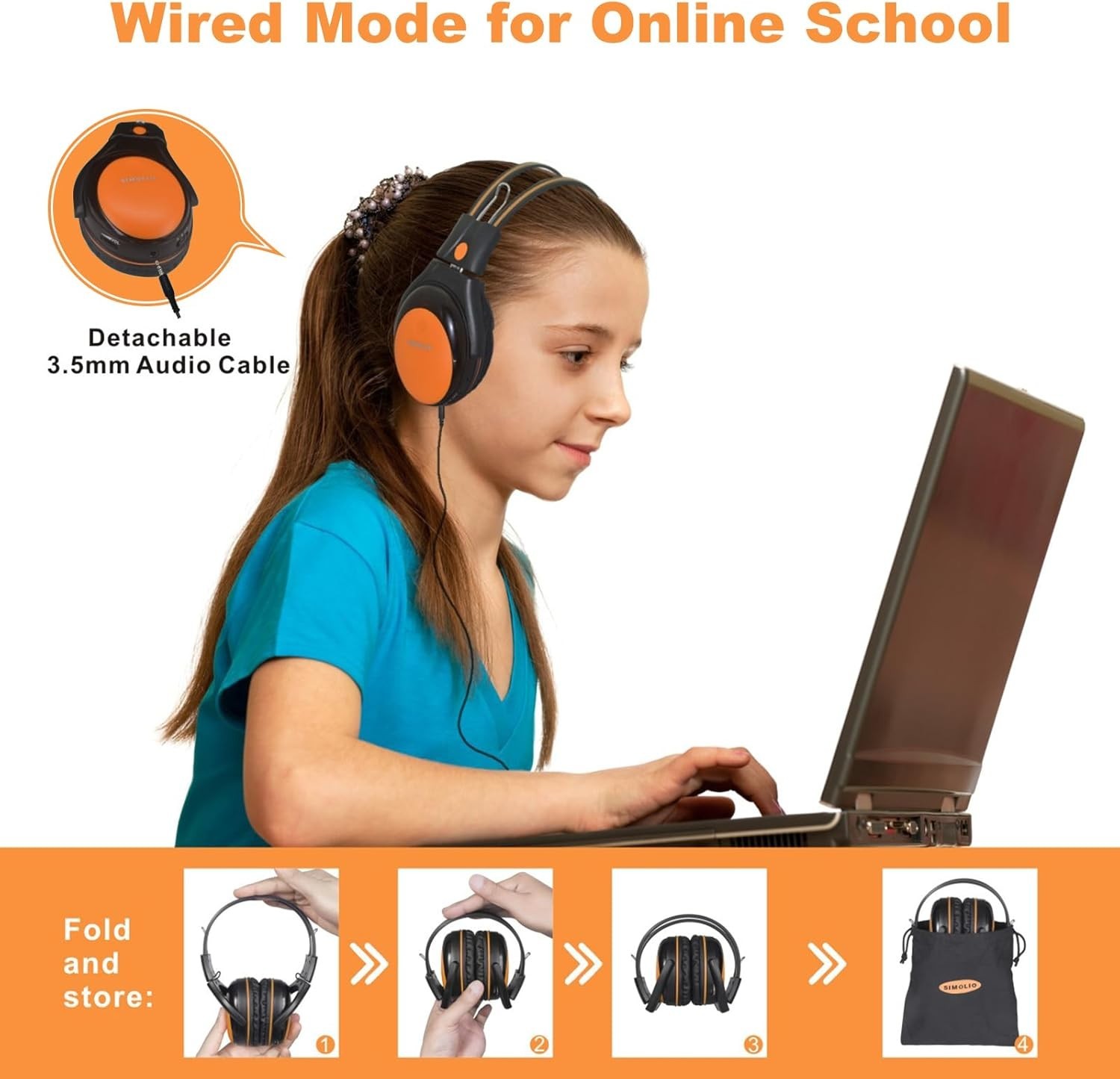 Dynamic Driver On-Ear Headphones for Kids, Foldable Design and Media Control