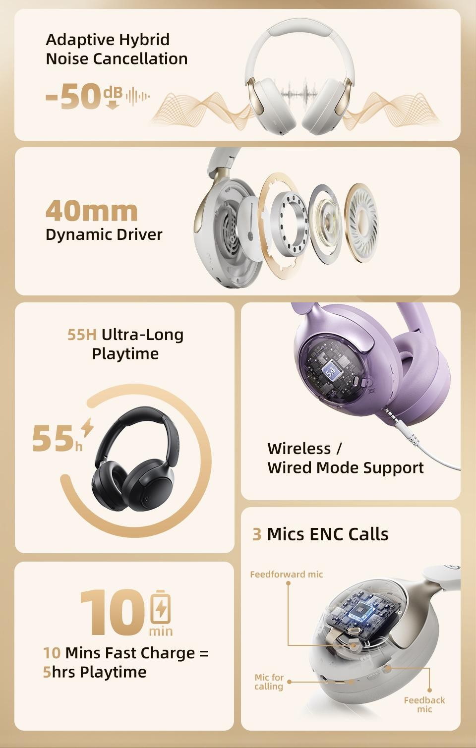 Qcy H3 Pro Anc Wireless Headphone 50db Noise Canceling Hi-res Spatial Audio Earp