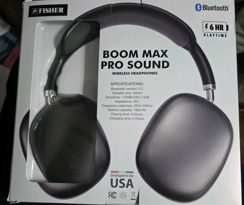 Fisher Boom Max Pro Sound Bluetooth Headphones, Dynamic Sound, Black Nwb