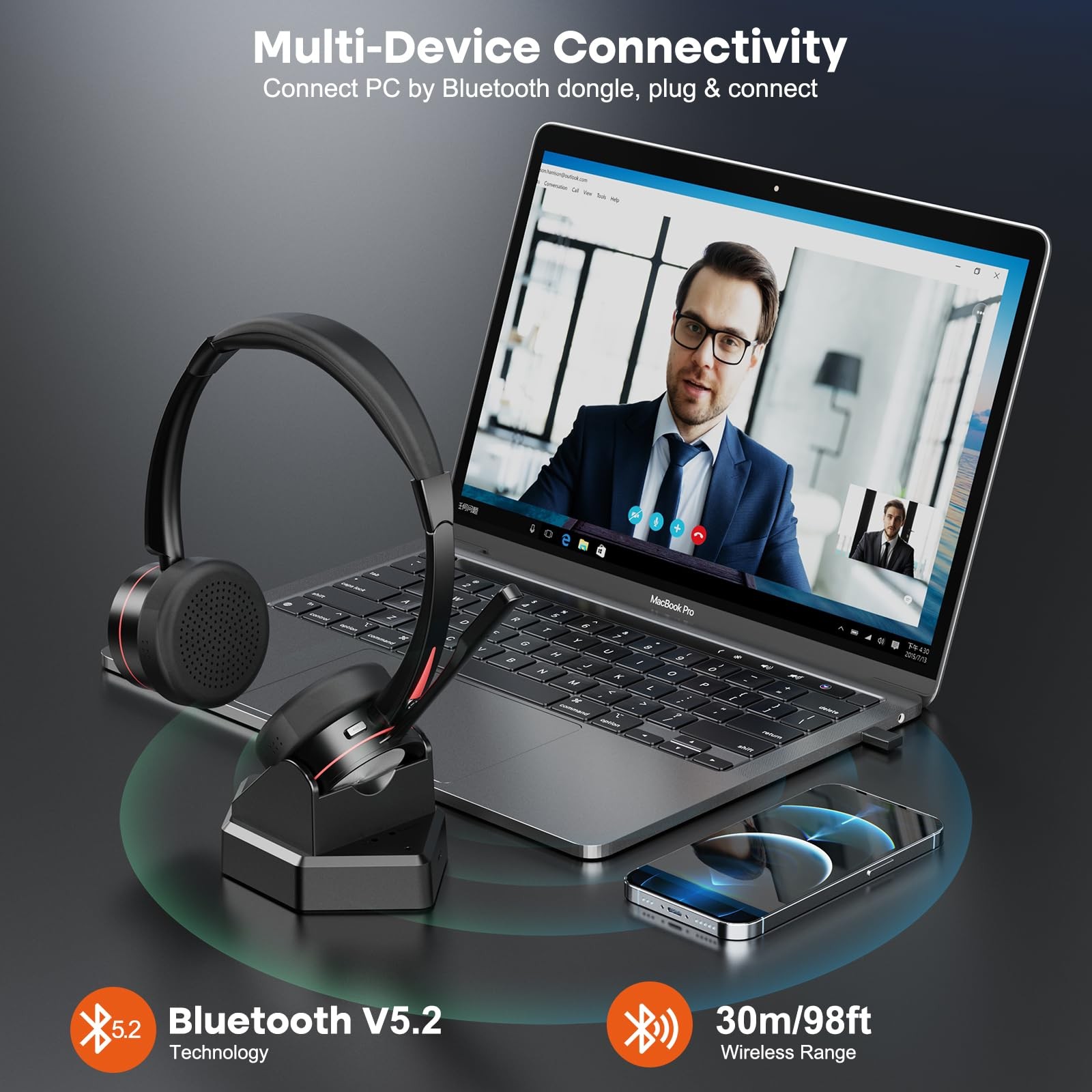 ENC Wireless Headset with Microphone for PC/Mobile, Bluetooth V5.2 Headset wi…