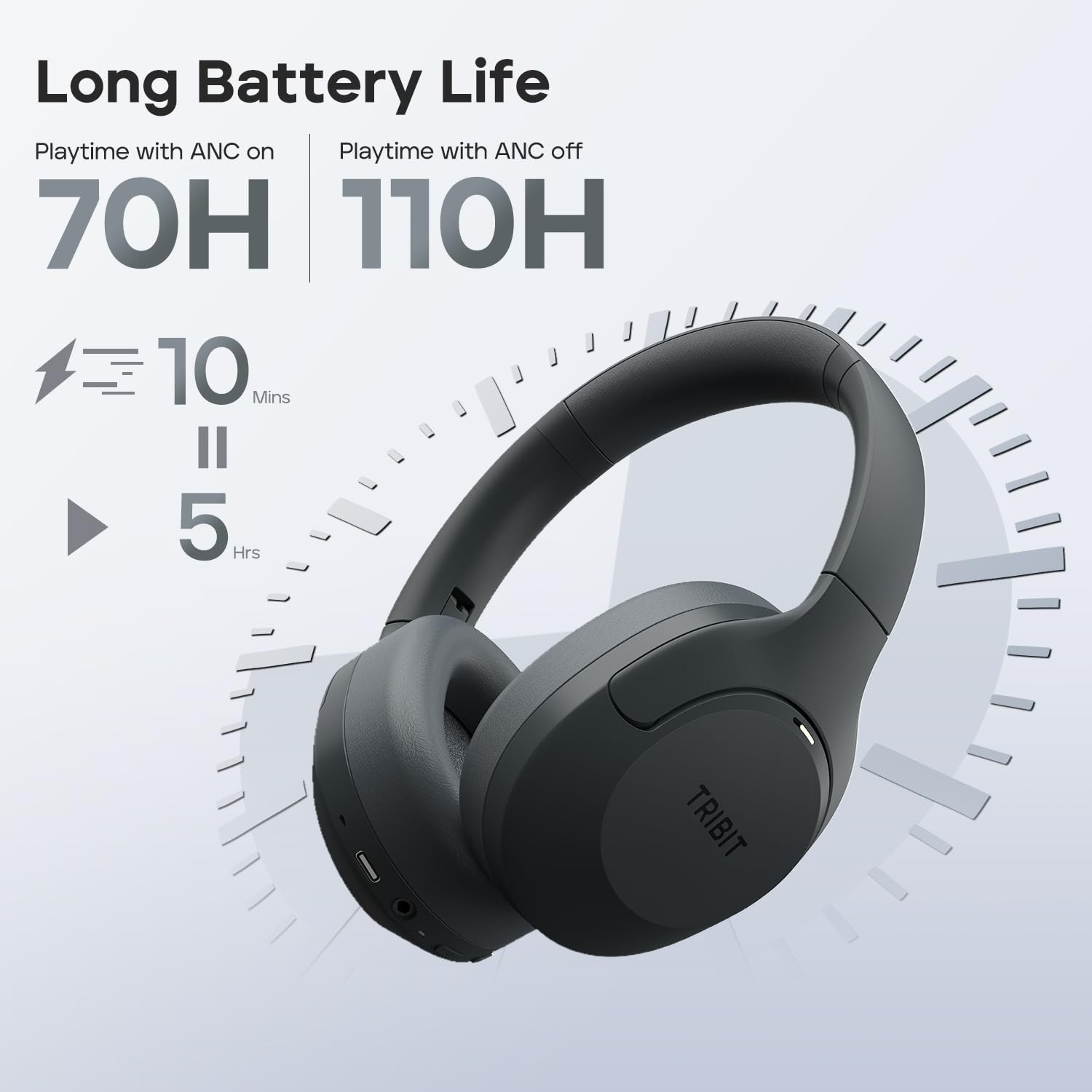 Tribit Wireless Over-Ear Headphones QuietPlus 81, Hybrid Active Noise Black
