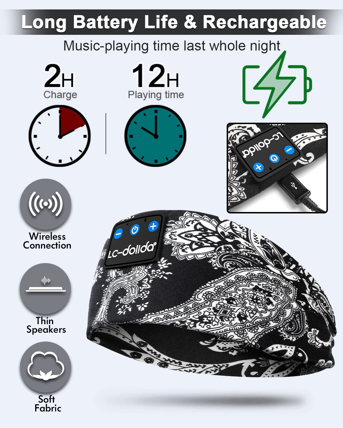 LC-dolida Sleep Headphones Bluetooth Music 1 Count (Pack of 1), Boho Black