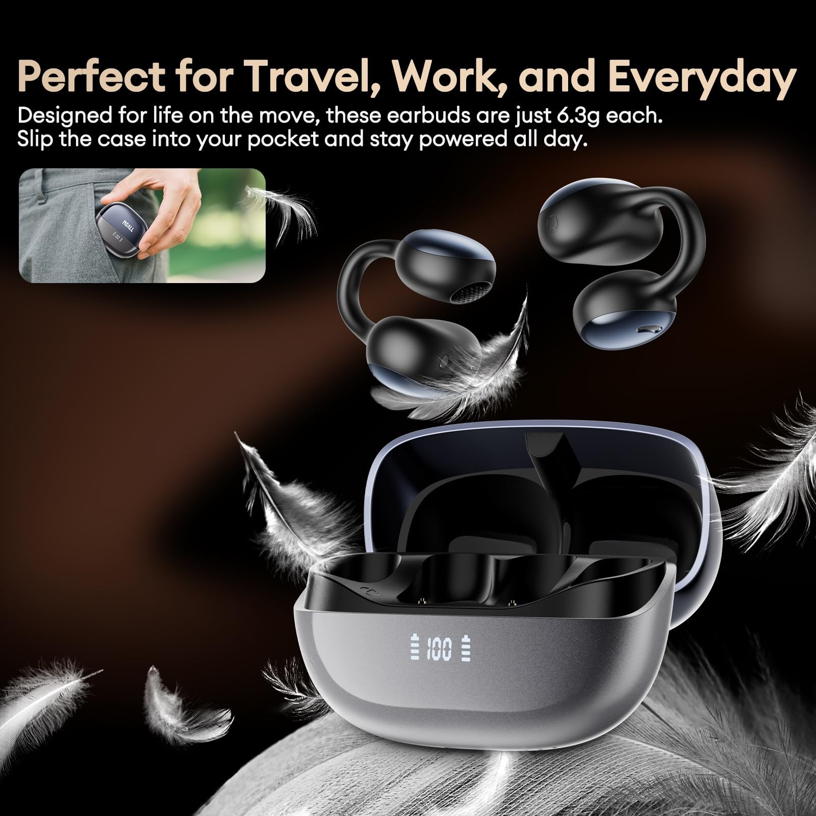 PAXA Clip On Earbuds,Open Ear Bluetooth 6.0 Wireless Headphones,12mm Black