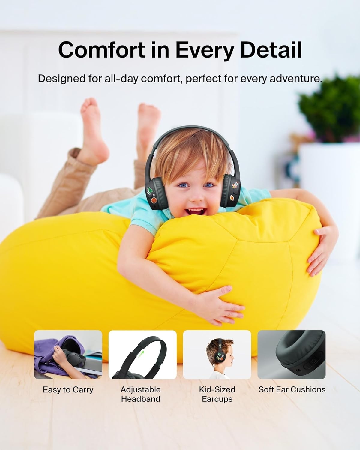Belkin Wireless Kids Headphones, Volume Safe, 30H Fast Charge, School, Black