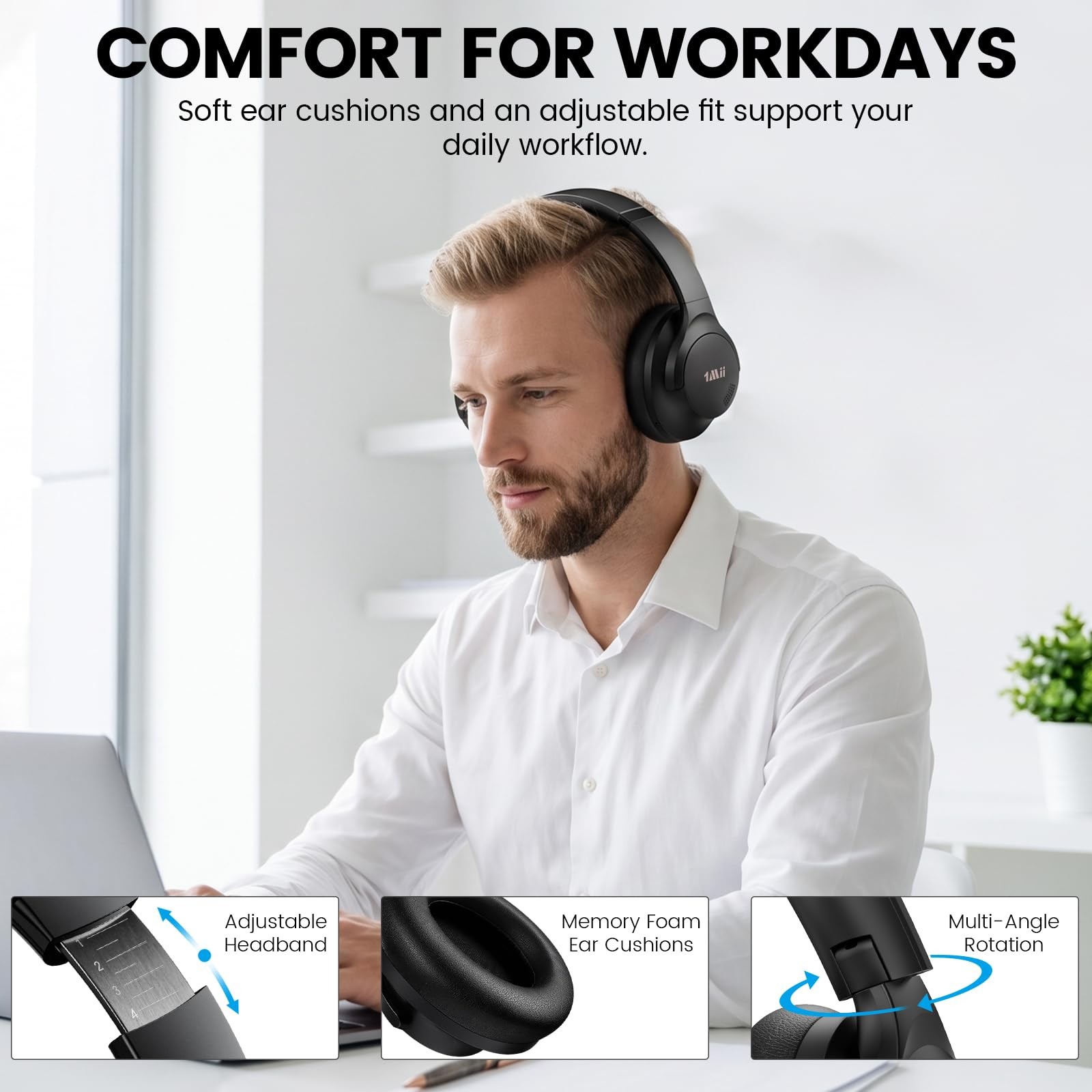 Hybrid Active Noise Cancelling Headphones, Bluetooth 6.0, 100H Playtime, Over
