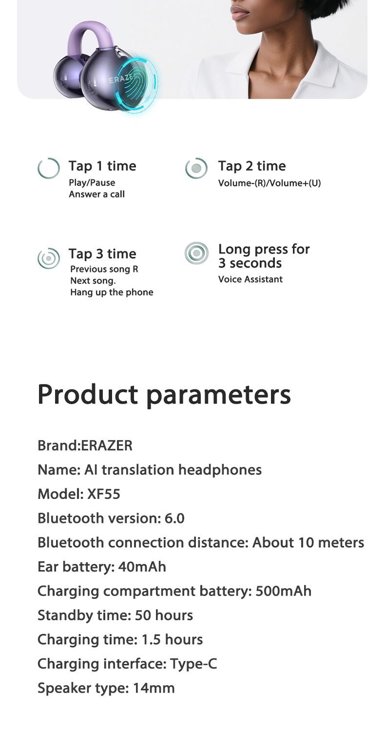 Erazer Xf55 Bluetooth V6.0 AI Earphones Noise Reduction Wireless Translator
