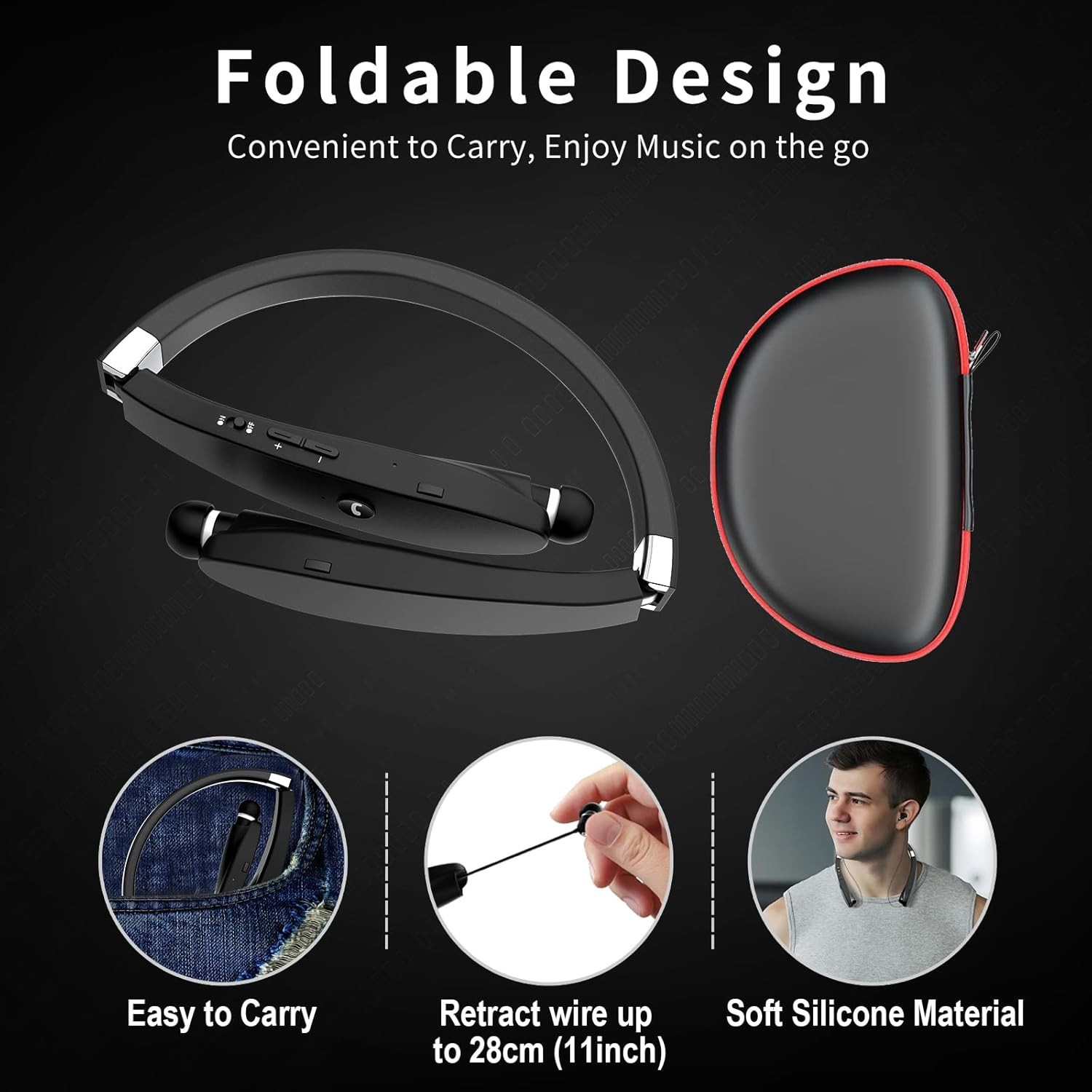 Bluetooth Neckband Headphones, Dpvisn Foldable Wireless Lightweight Black