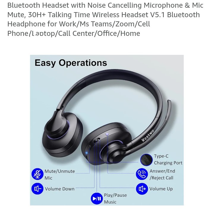 Wireless Blue Headset Noise-Canc Microph Bluetooth Computer/Cell Phone/Laptop