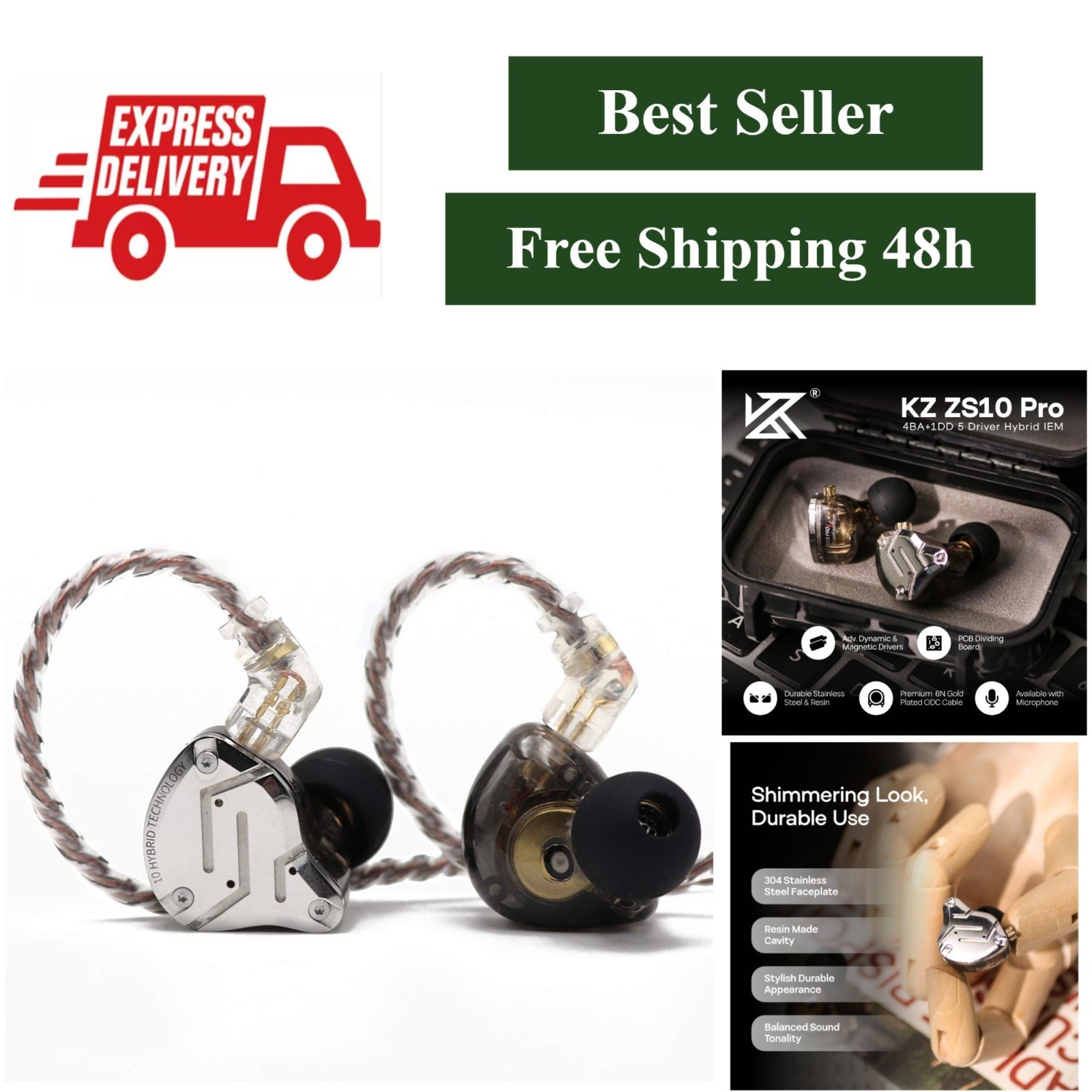 KZ ZS10 Pro Wired Earbuds, 4BA+1DD Hybrid IEM, Gaming Earphones, Black