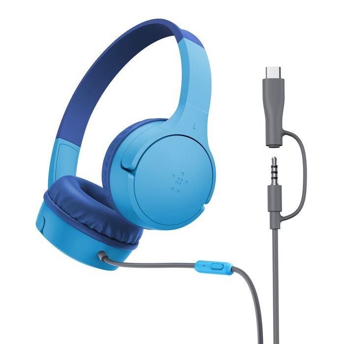 Belkin Kids Headphones Wired, Volume Limited, USB-C 3.5mm Parents Trusted – Blue