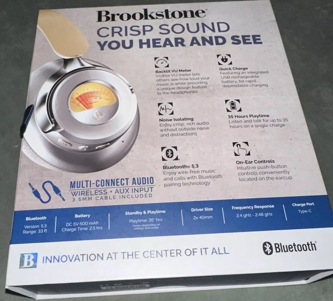 NIB Brookstone Acoustic Pro Wireless Metered Bluetooth 35 Hours Play Headphones