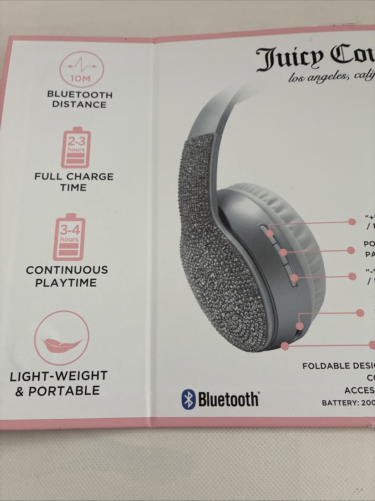 New Juicy Couture Bling Silver Grey Rhinestone Wireless Headphones