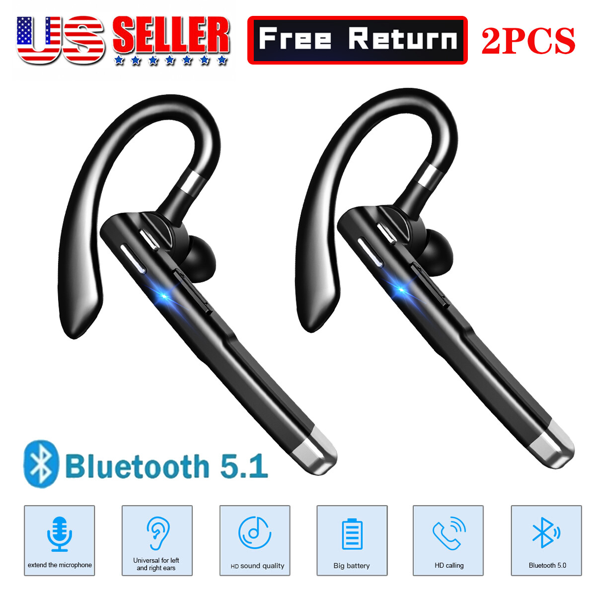 2PCS Trucker Wireless Bluetooth 5.1 Earpiece Headset Mic Earbud Noise Cancelling
