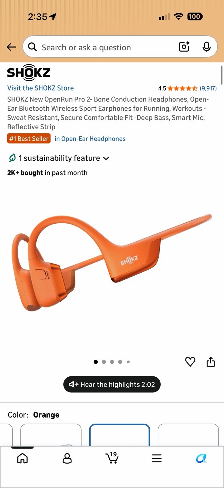 Shokz OpenRun Pro 2 Bone Conduction Open-Ear Bluetooth Sport Headphones Orange