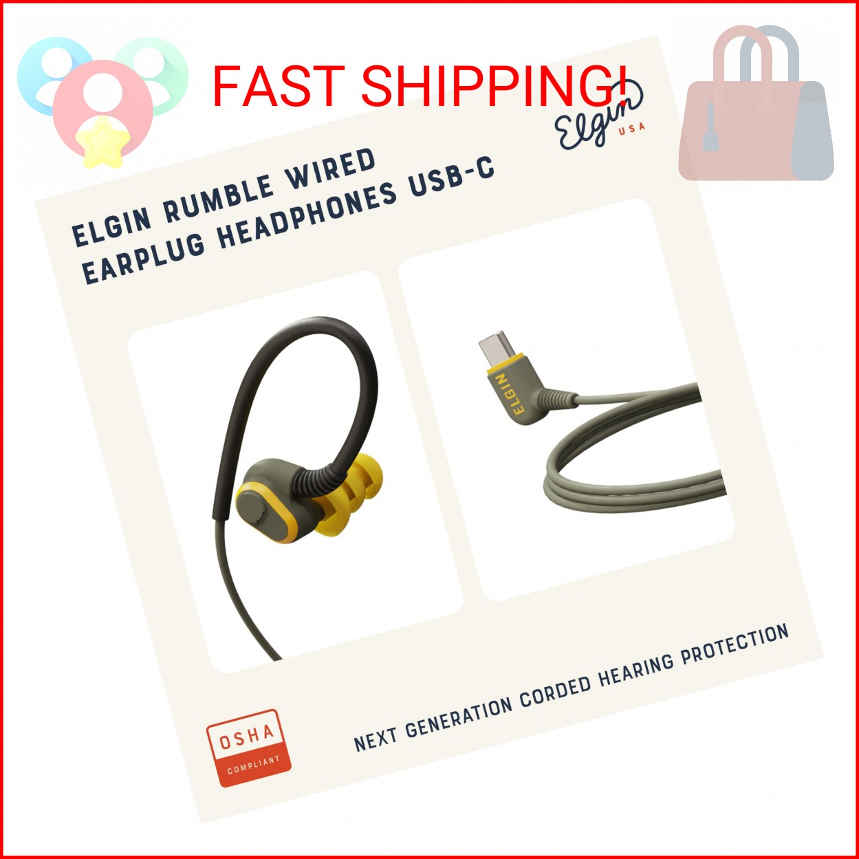 Elgin Rumble Wired Earplug Headphones, 27 dB NRR Waterproof Hearing Protection E