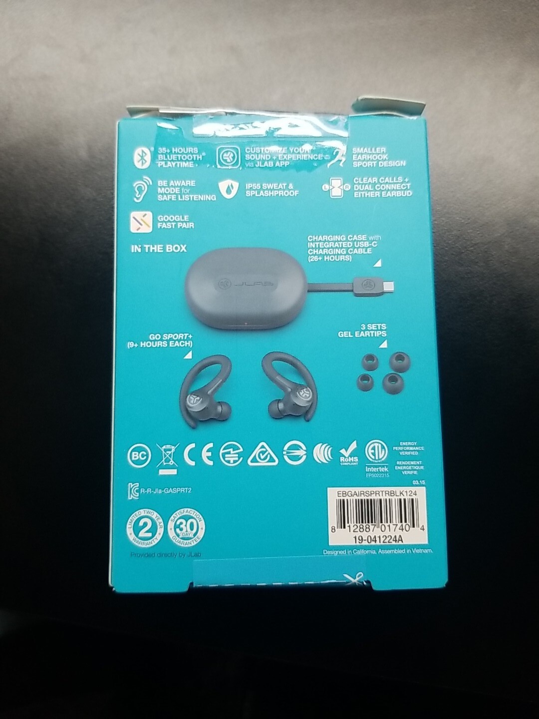 JLab Go Air Sport True Wireless Bluetooth Earbuds with Charging Case – Black