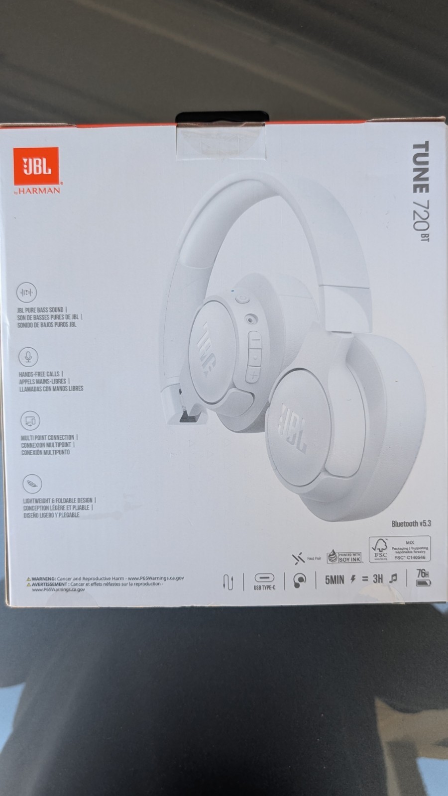 JBL Tune 720BT Wireless Over-Ear Headphones White Bluetooth, USB-C, Pure Bass